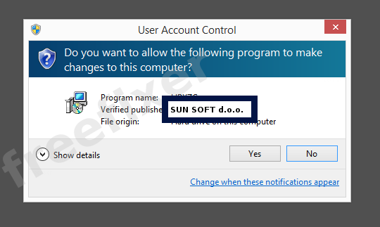 Screenshot where SUN SOFT d.o.o. appears as the verified publisher in the UAC dialog